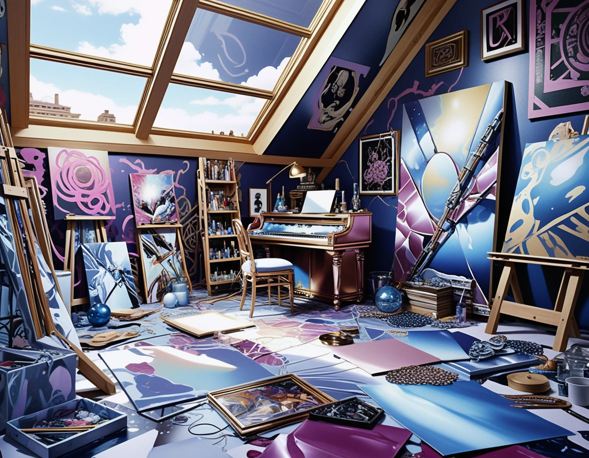 Eclectic art studio with glowing crystals and canvas