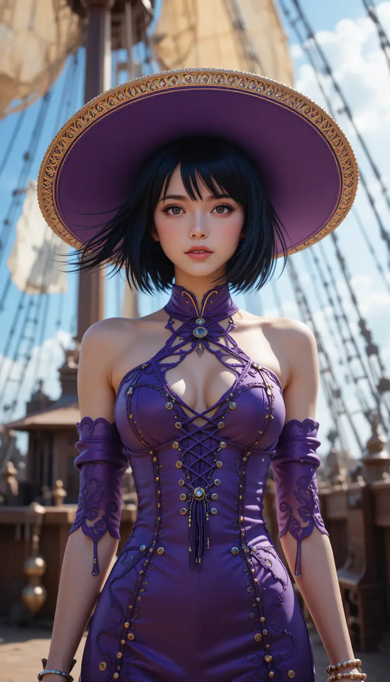 Elegant woman on pirate ship deck in cinematic sunlight
