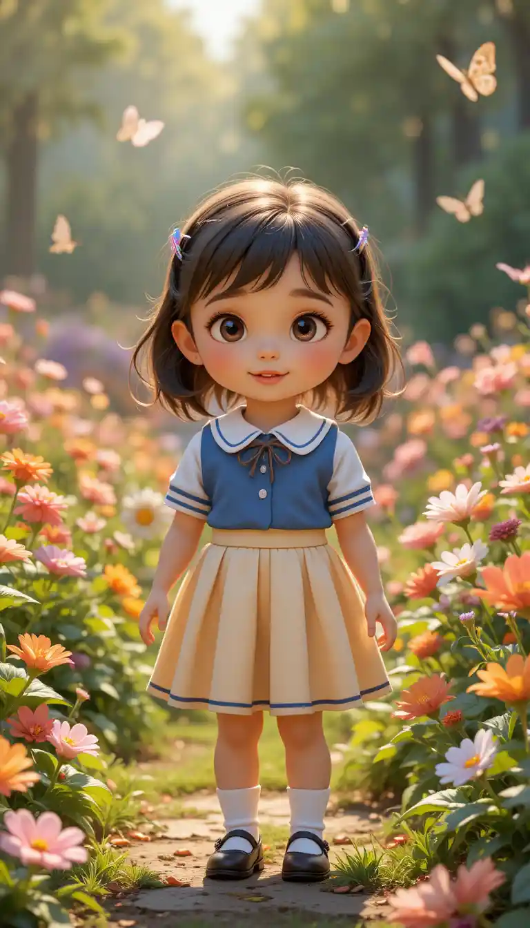 Adorável menina pequena de uniforme escolar em um jardim de flores