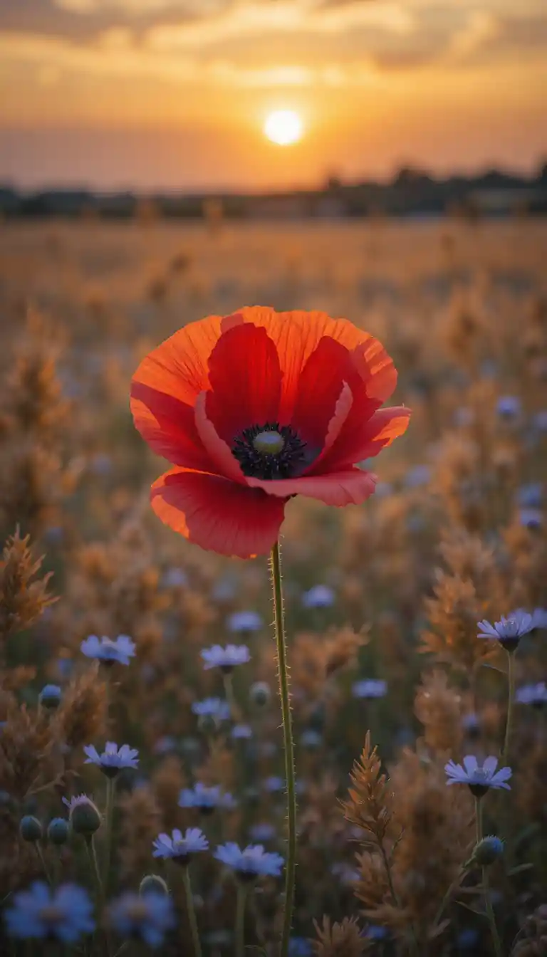 Roter Mohn, der bei Sonnenuntergang in einer goldenen Wildblumenwiese blüht