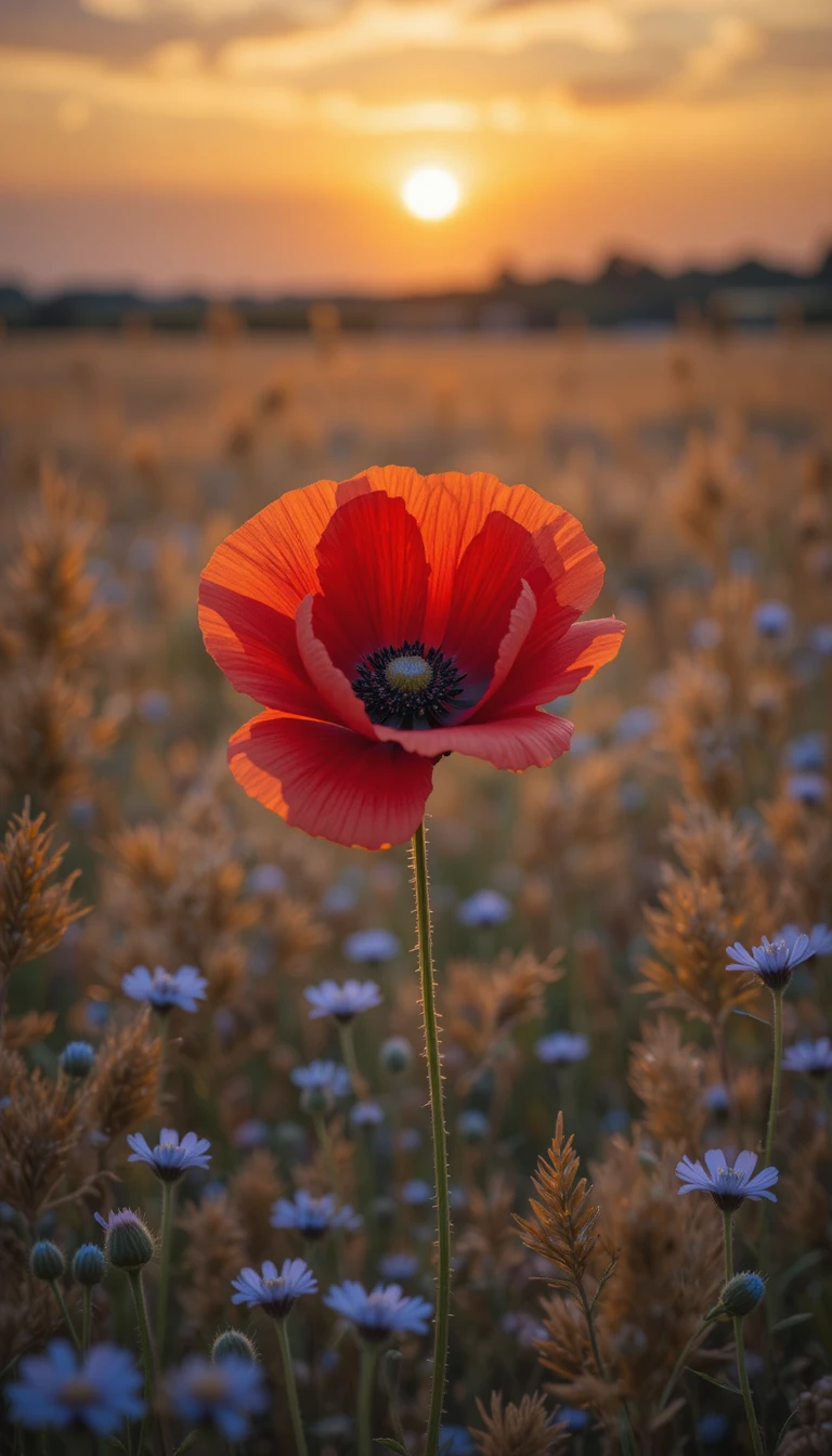Red poppy blooming in a golden wildflower meadow at sunset