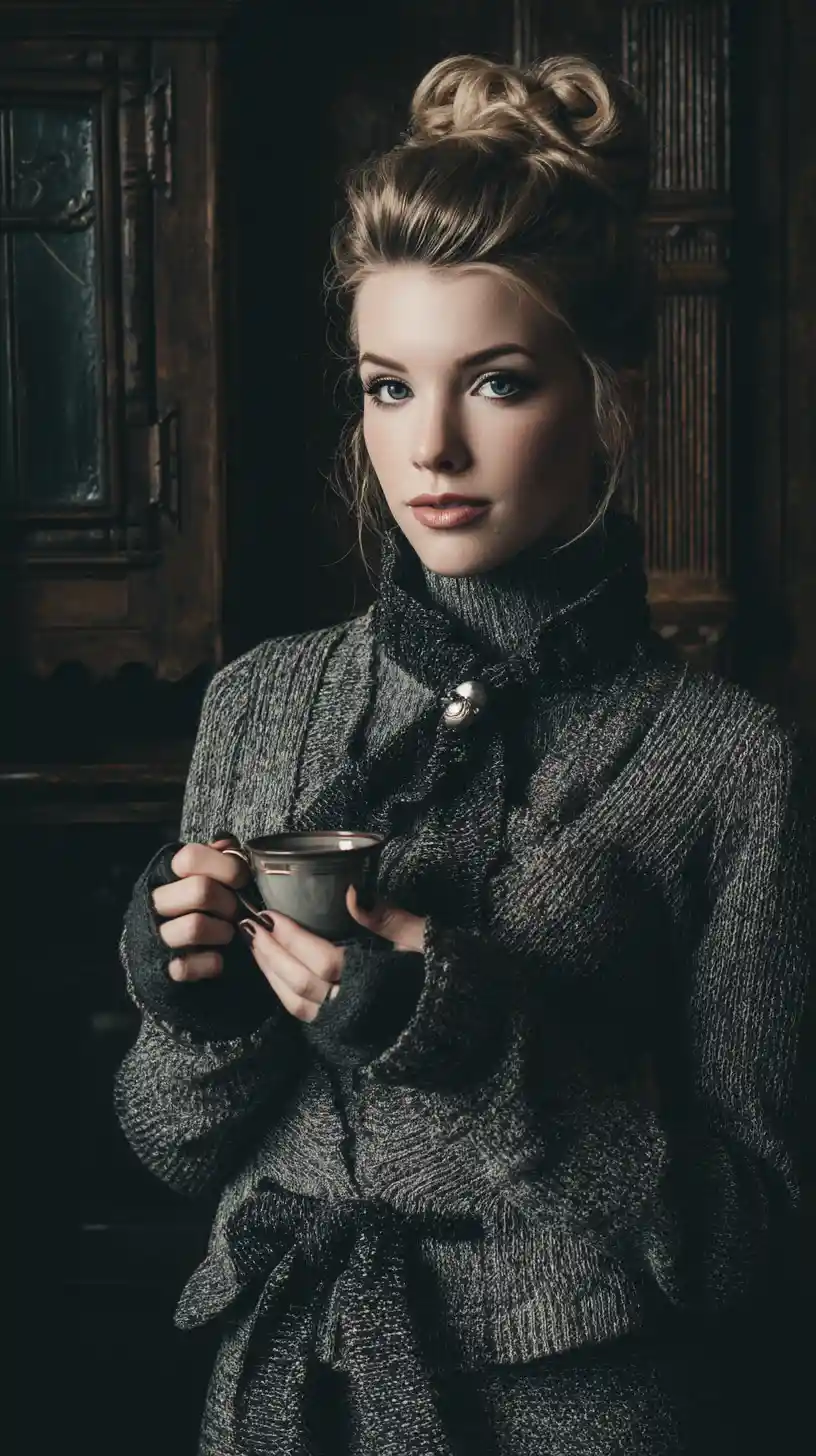 Frau im Arcane-Style mit Kaffee im Winteroutfit