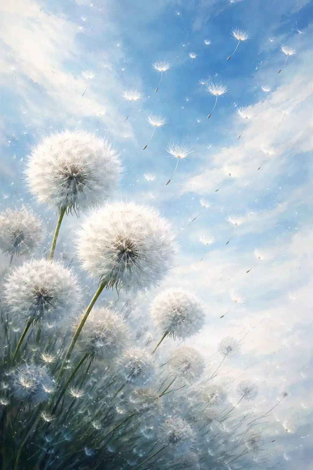 Magical dandelions blowing across a soft abstract background