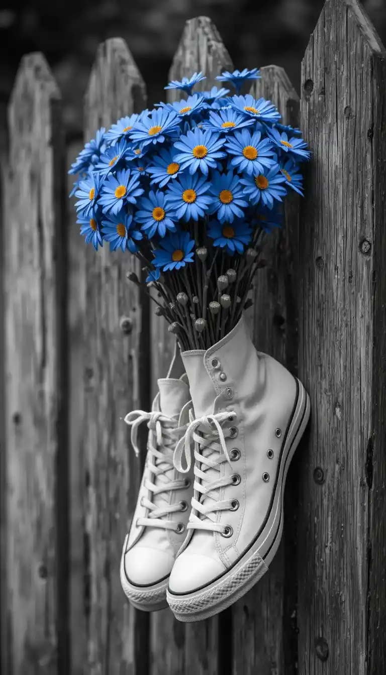 Black and white sneakers with flowers hanging on wooden fence