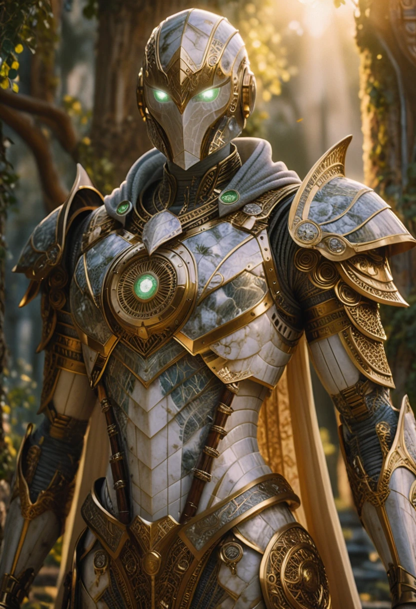 Quartz android druid among vines in ancient temple ruins