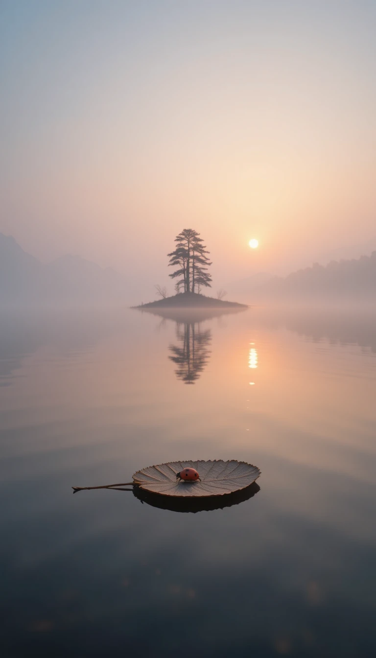 Tiny red ladybug on a misty dawn lake scene