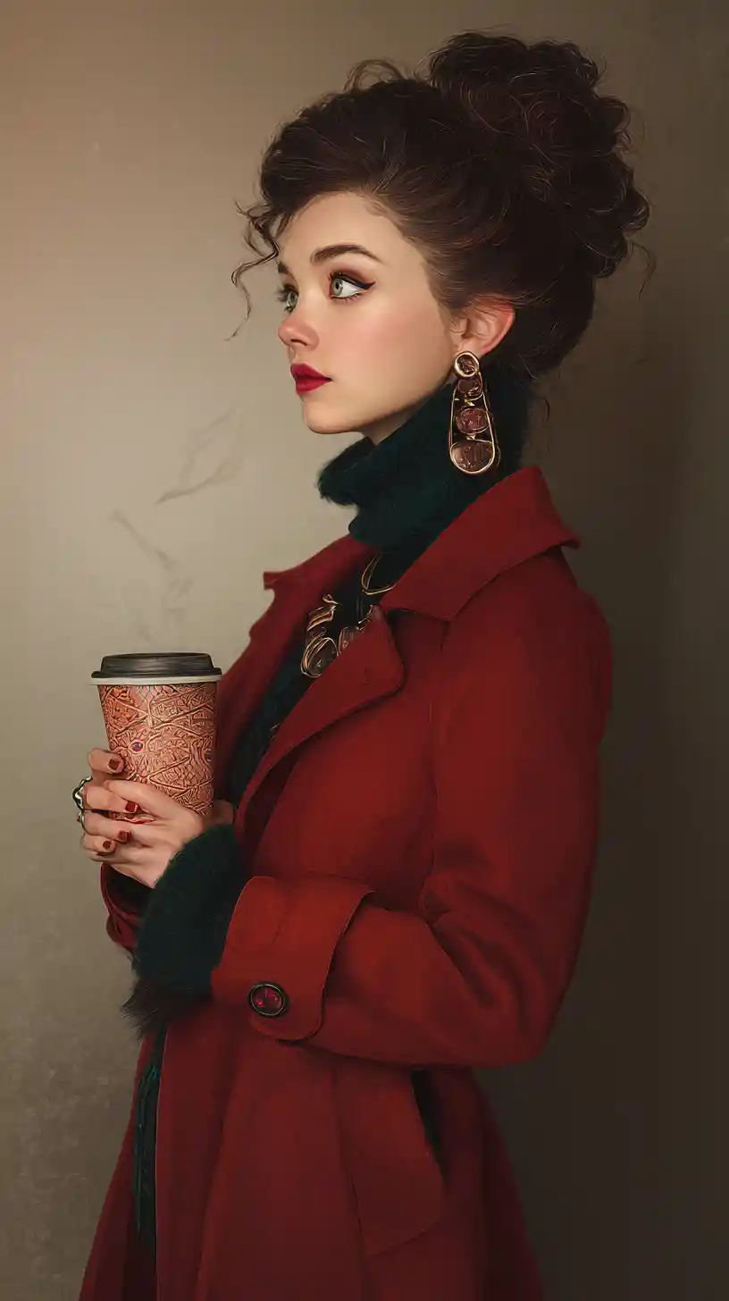 Von Arcane inspirierte Frau in eleganter Wintermode mit Kaffee