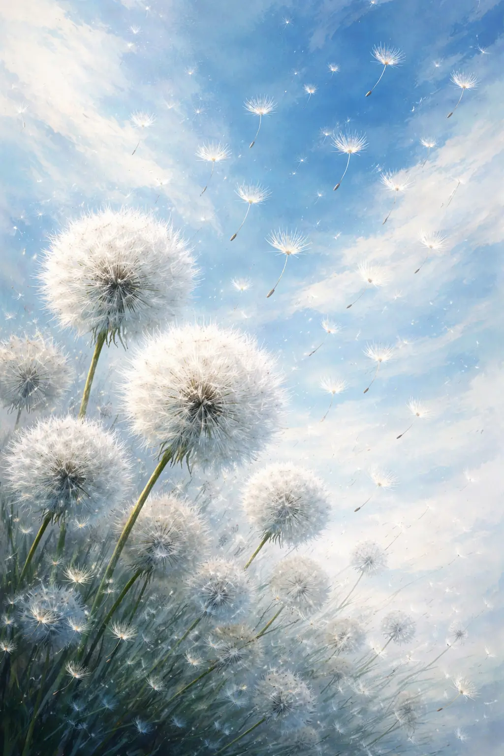 Magical dandelions blowing across a soft abstract background