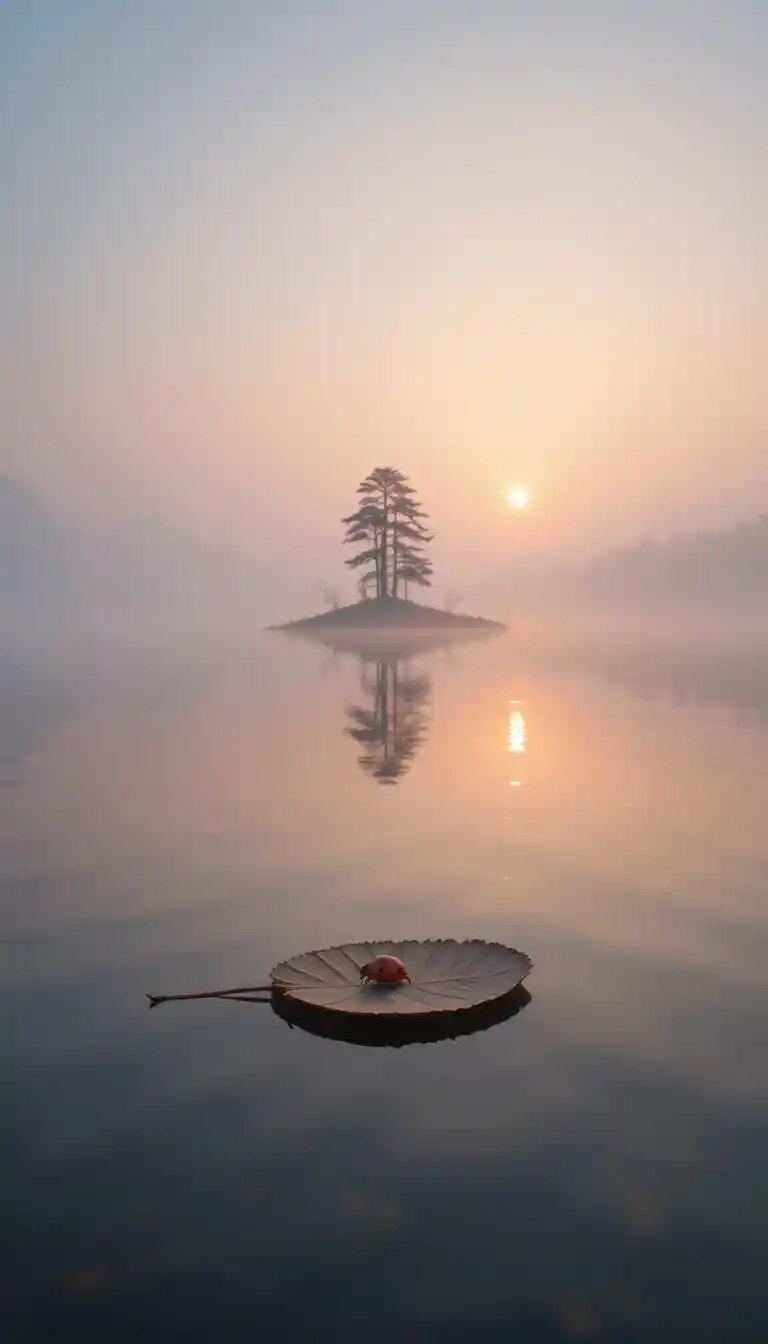 Winziger roter Marienkäfer an einem nebligen Morgensee