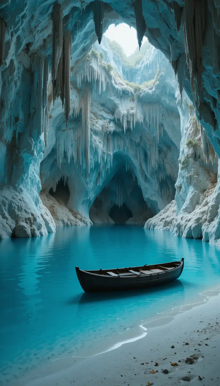 Tranquil cave lake with rowboat and glowing stalactites