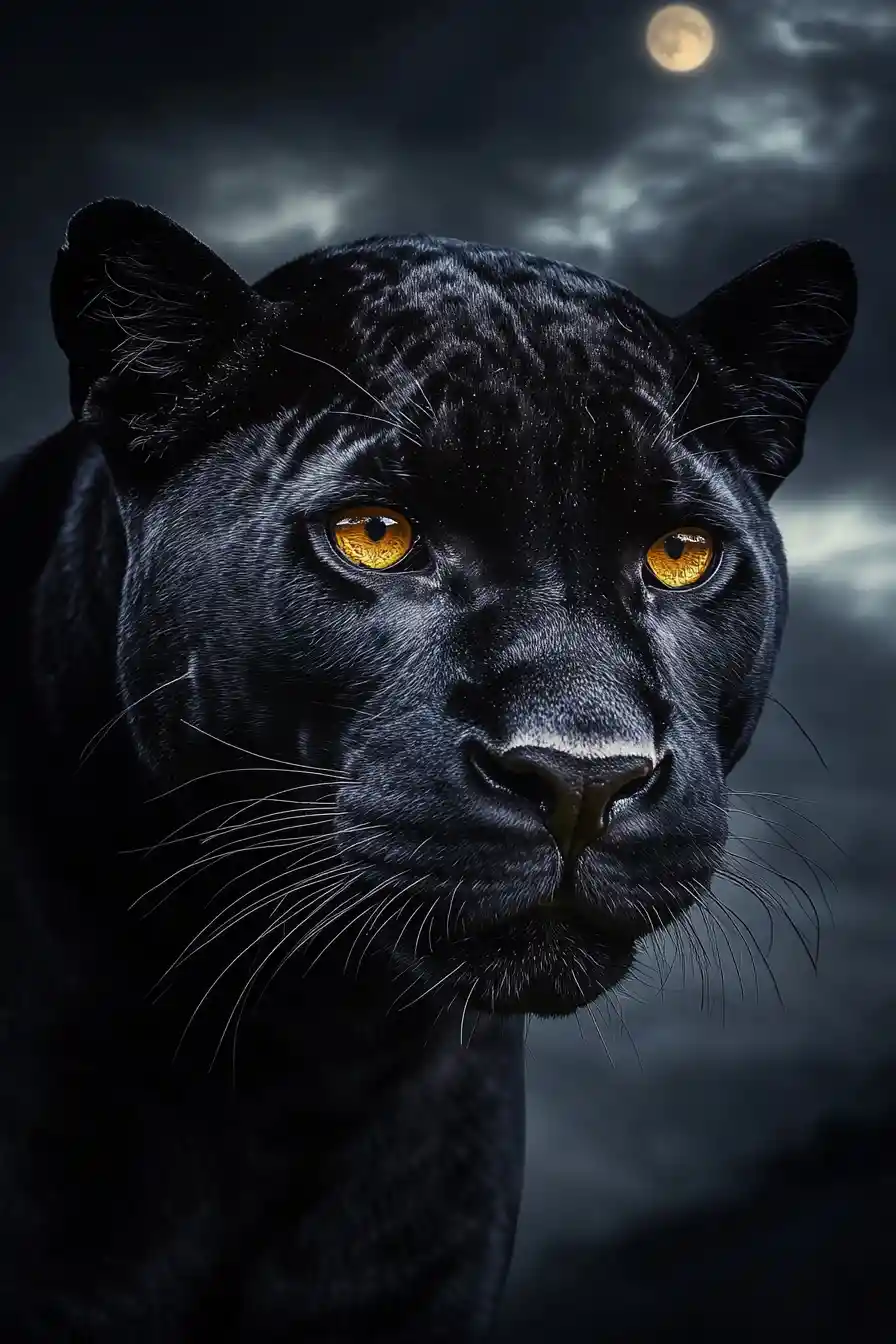 Schwarzer Panther aus nächster Nähe unter einem stimmungsvollen mondbeschienenen Himmel