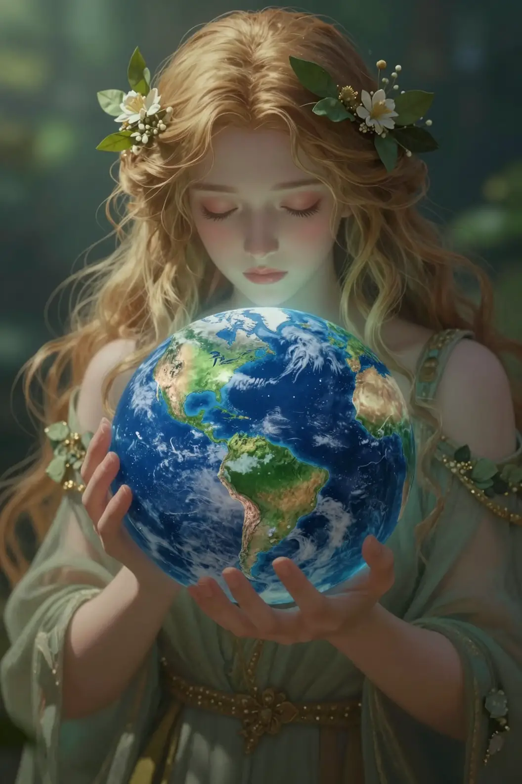 Ethereal woman cradling the Earth in tranquil light