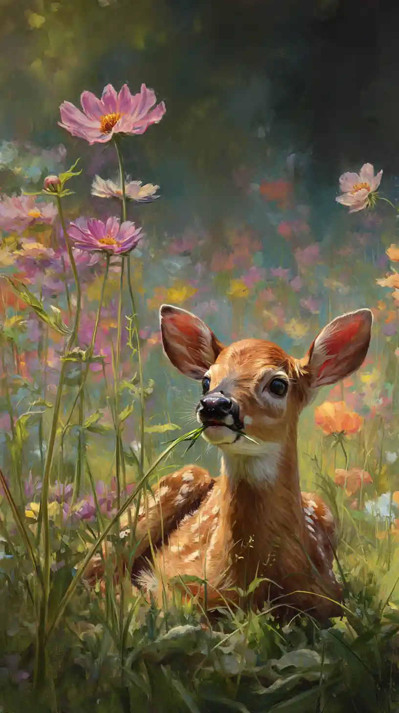 Young fawn resting in grass before soft bokeh flower meadow