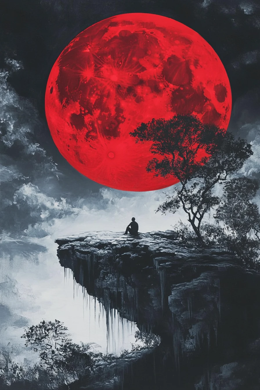 Lonely figure in red and black abstract moonlit scene