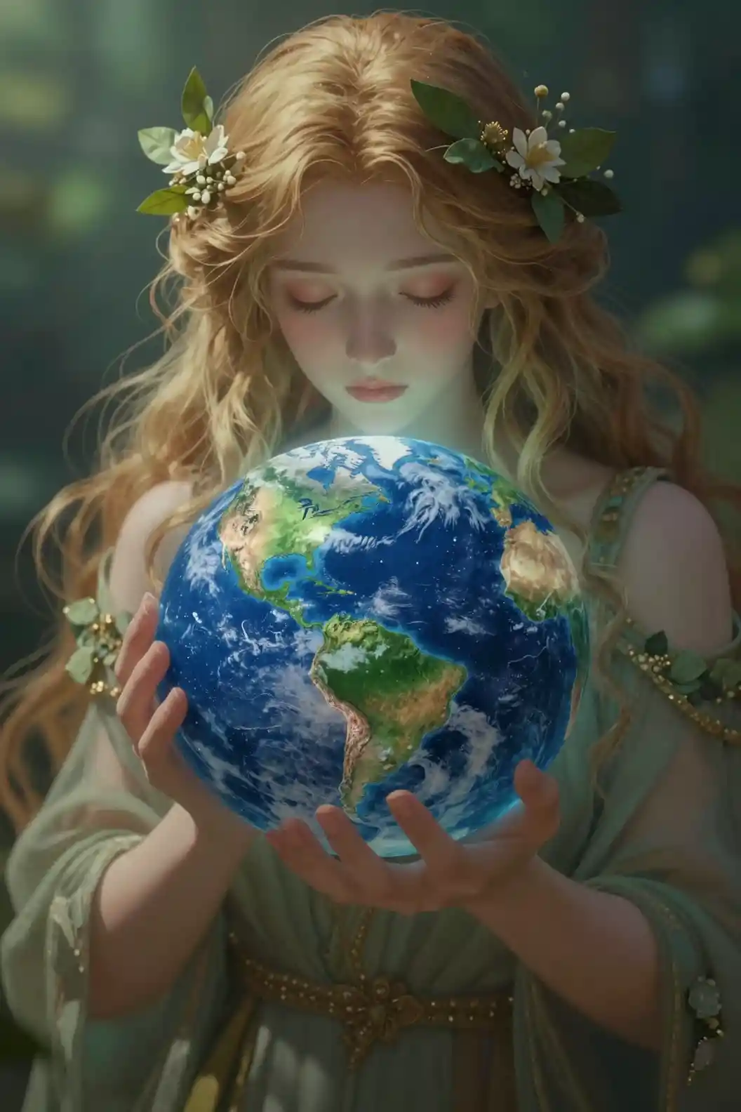 Donna eterea che culla la Terra in una luce tranquilla