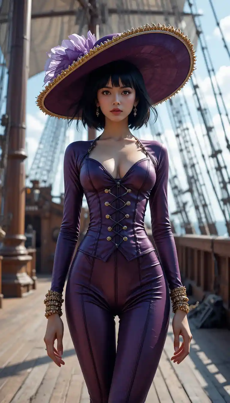 Elegant woman on pirate ship deck in sunlight