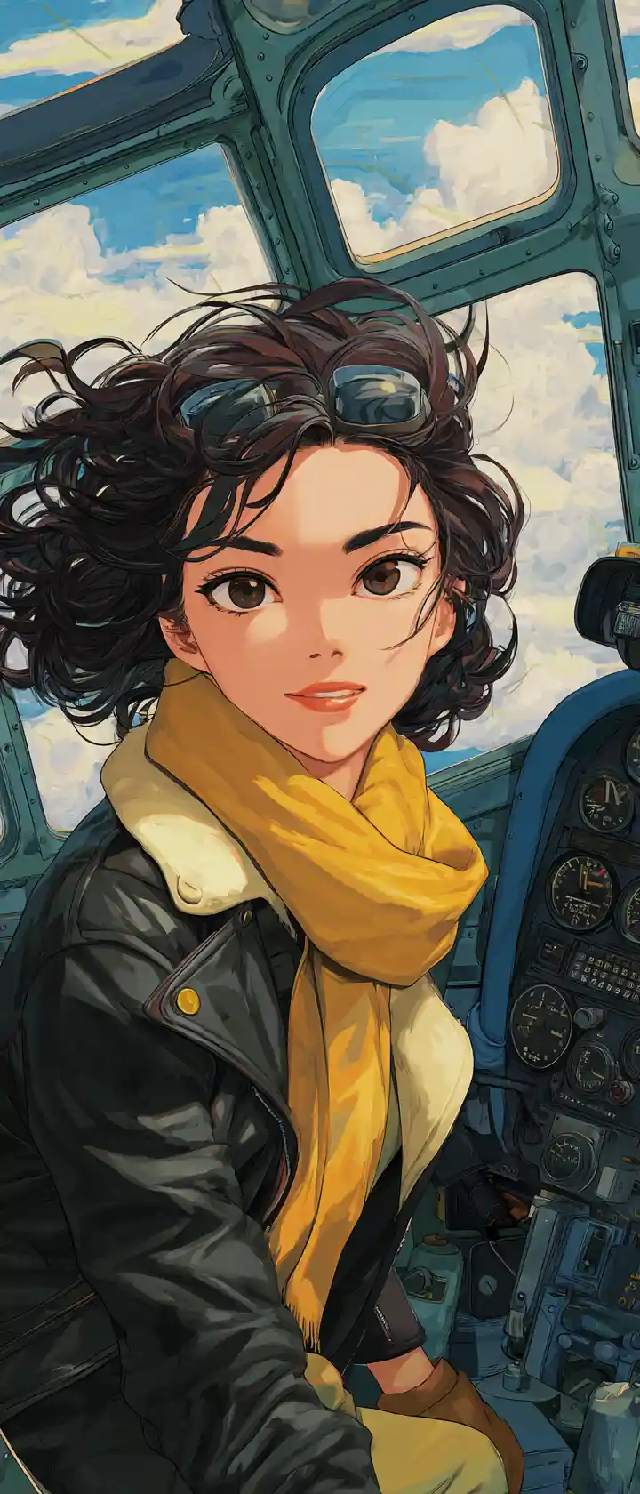 Confident anime woman pilot in a sunlit airplane cockpit