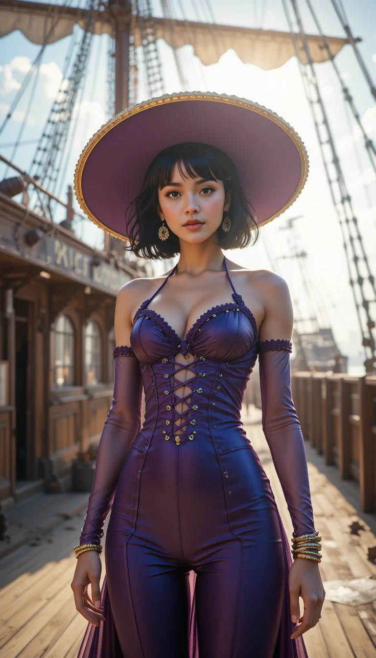 Elegant woman in purple on sunny pirate ship deck