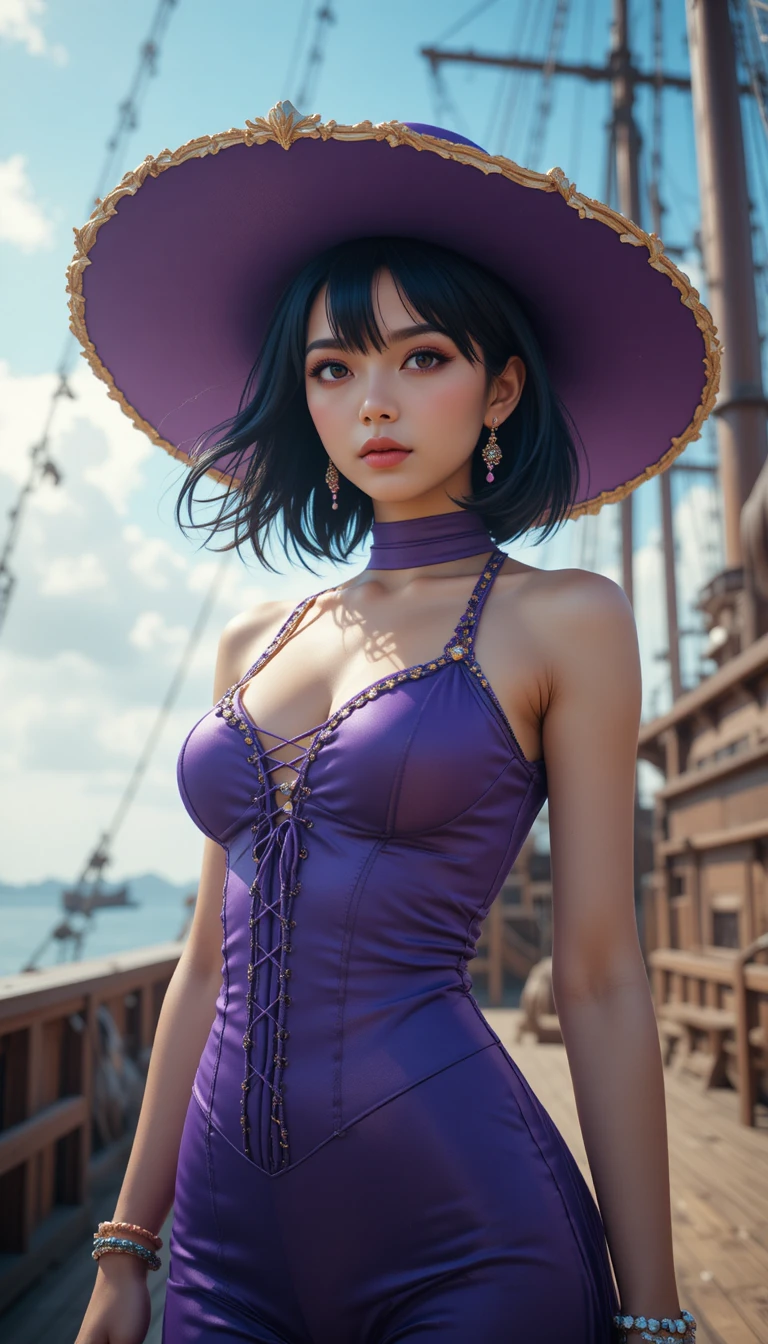 Elegant woman in purple on sunny pirate ship deck