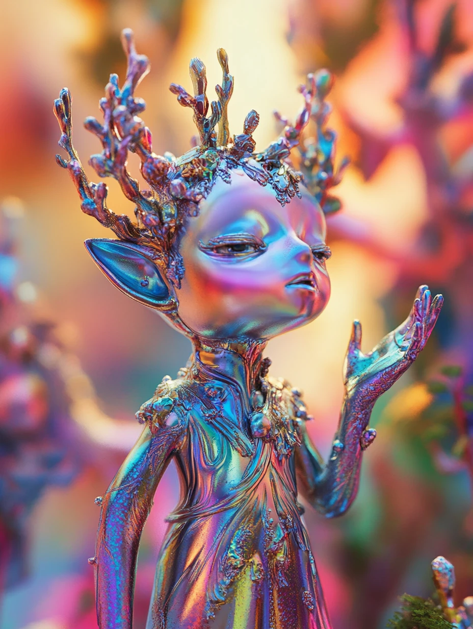 Whimsical metallic fairy in a vivid enchanted forest