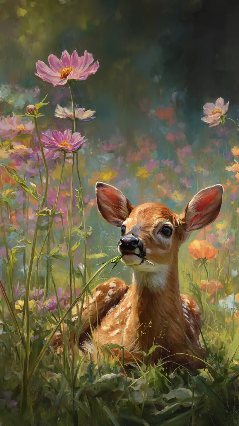 Young fawn resting in grass before soft bokeh flower meadow