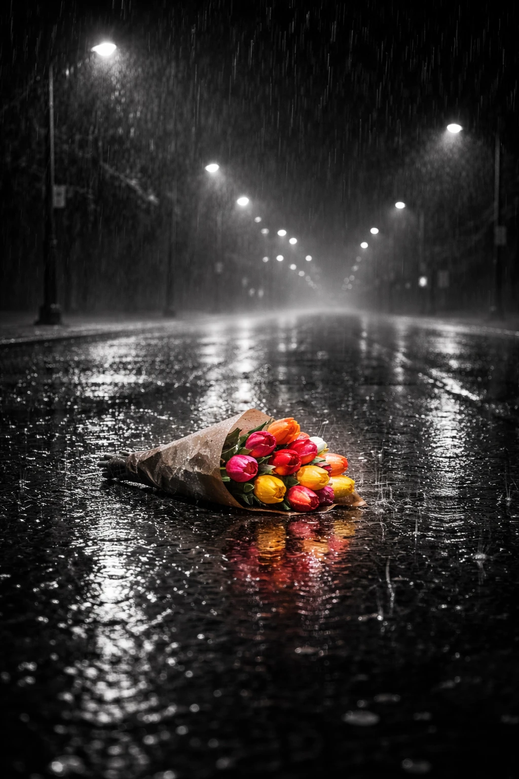 Farbenfrohe Tulpen leuchten auf einer nassen Stadtstraße bei Nacht