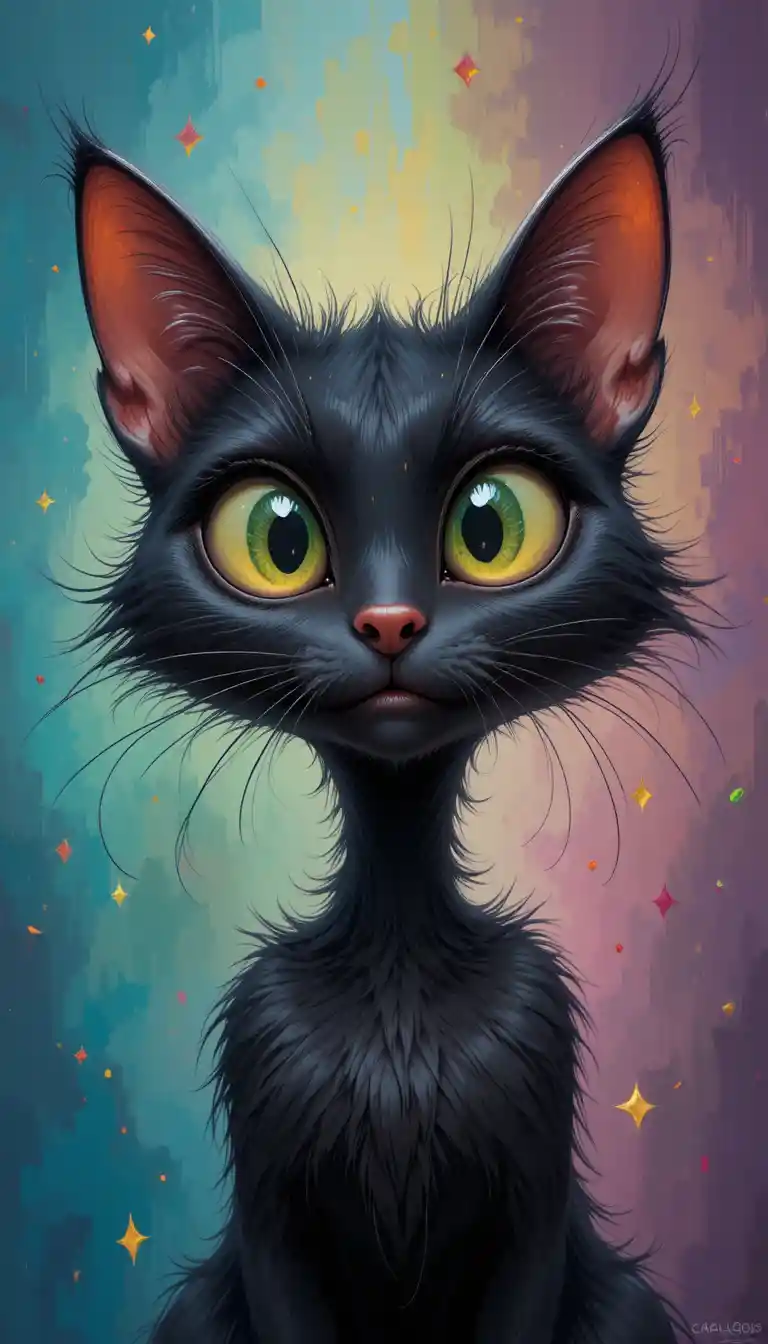 Verspielte schwarze Cartoon-Katze mit großen, ausdrucksstarken Augen