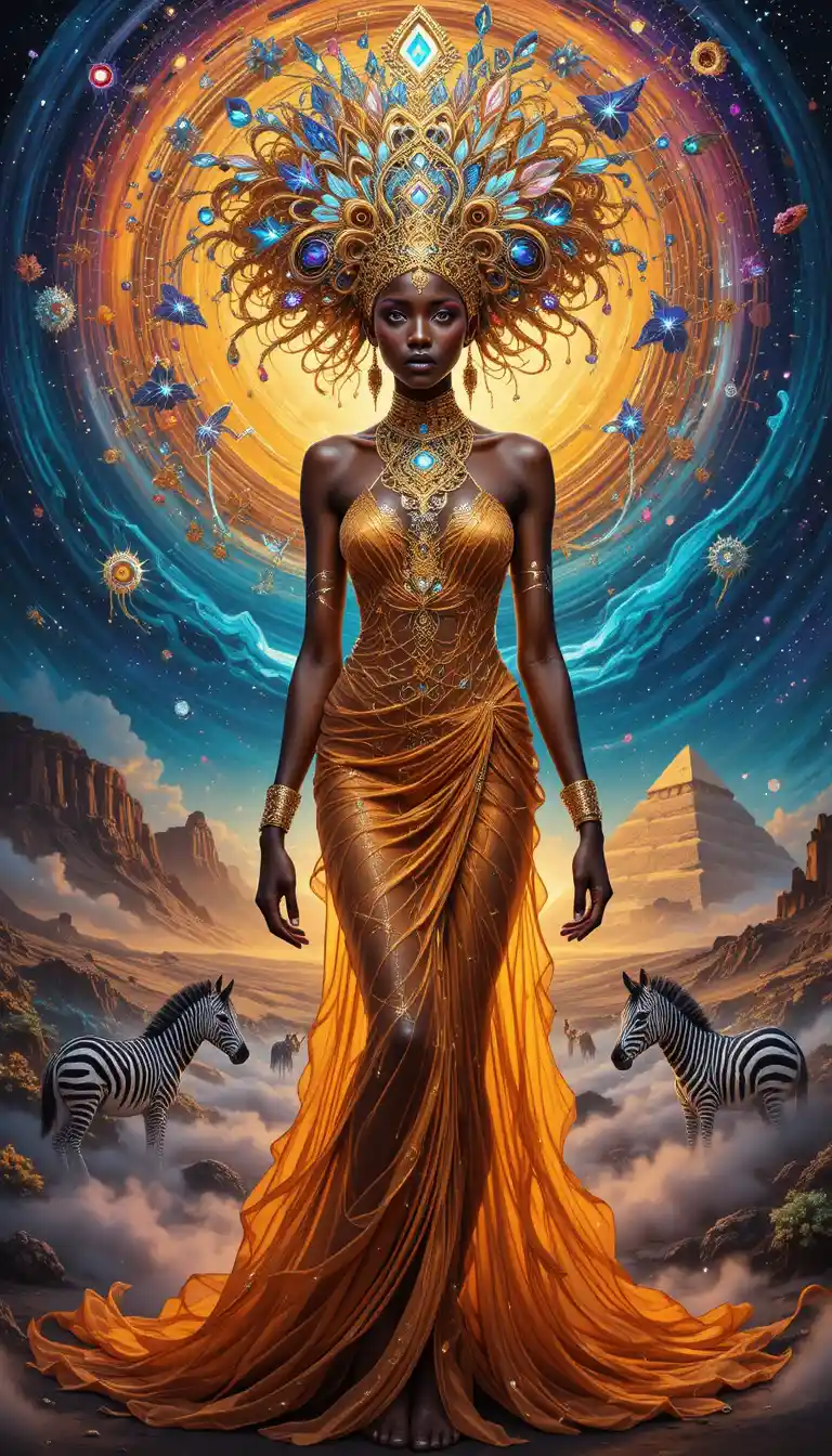 Radiant cosmic woman emerging from swirling psychedelic cosmos