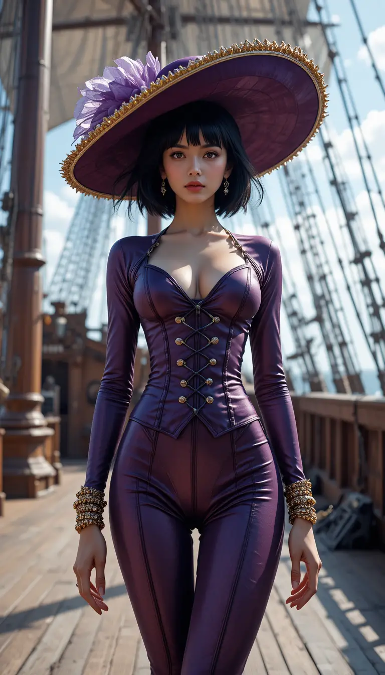Elegant woman on pirate ship deck in sunlight
