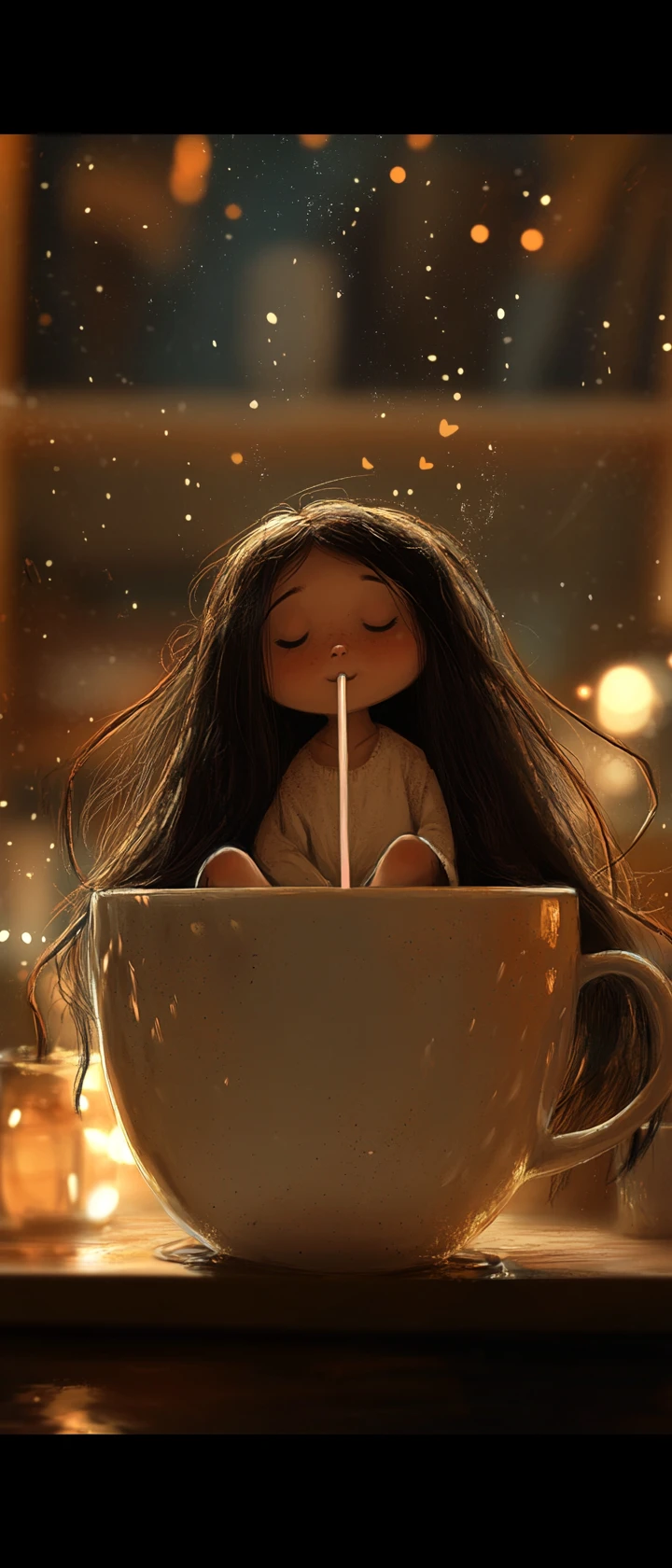 Piccola ragazza in una tazza di caffè gigante con cannuccia enorme