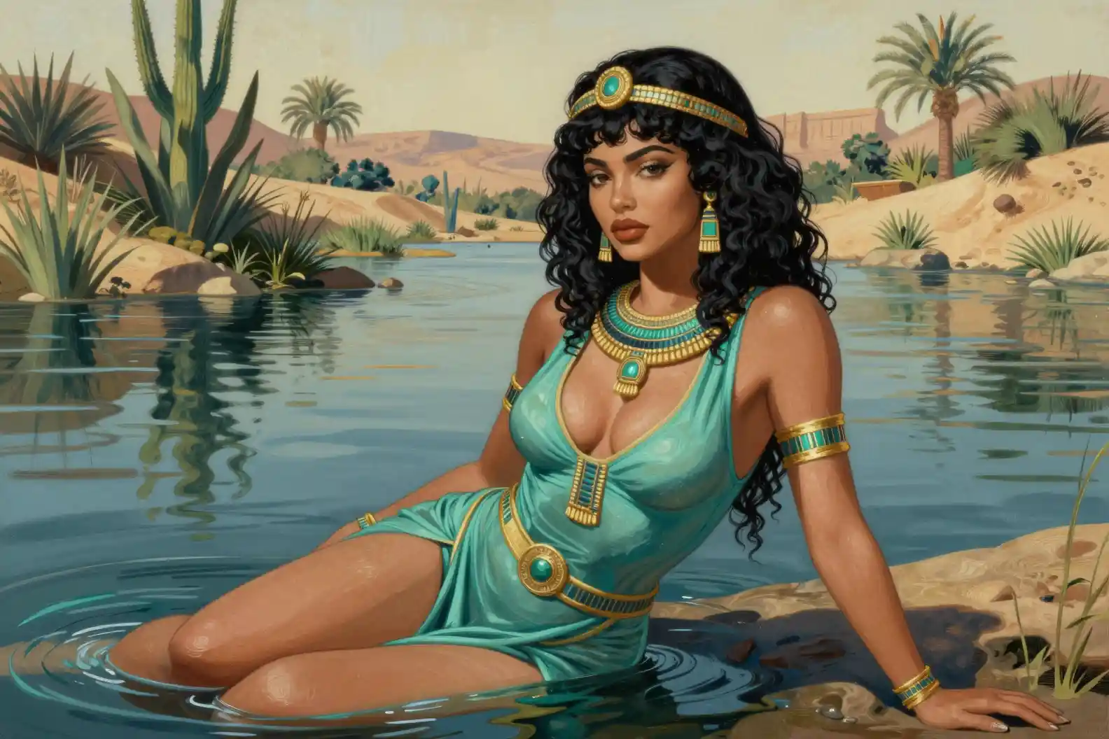 Egyptian goddess bathing in a wide Nile river scene