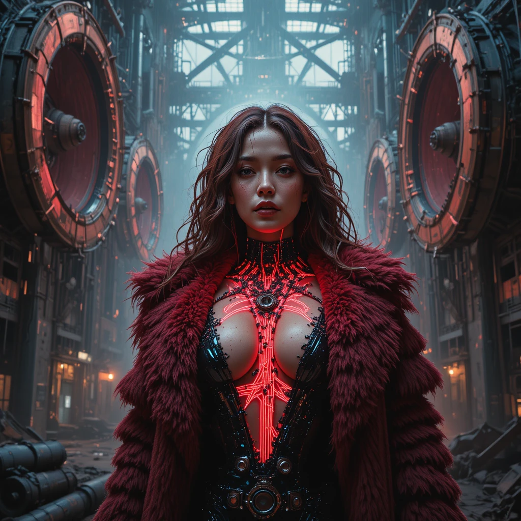 Eroina cyberpunk in pelliccia cremisi tra le rovine di un motore orbitale