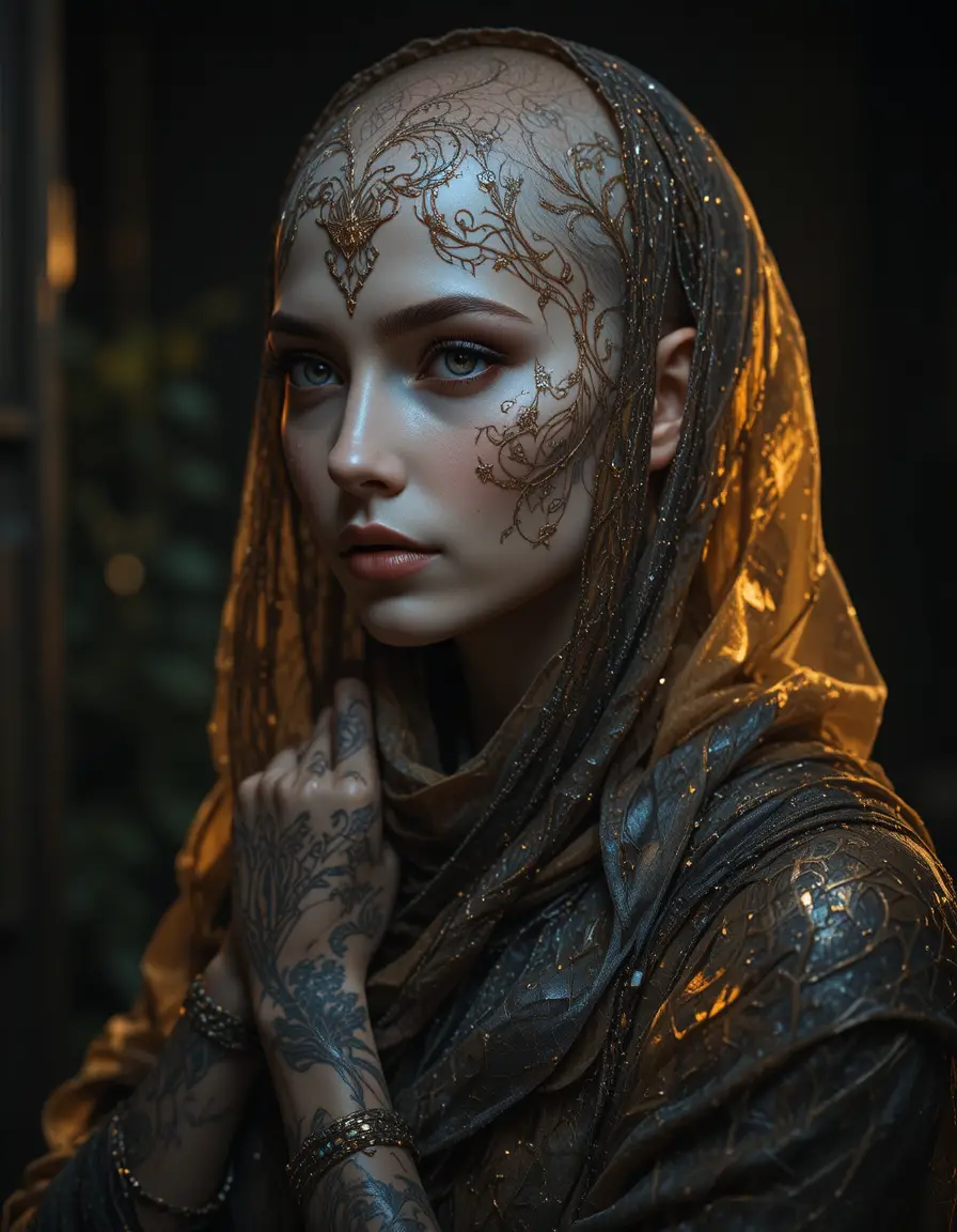 Serene bald woman in filigree patterns and golden veils