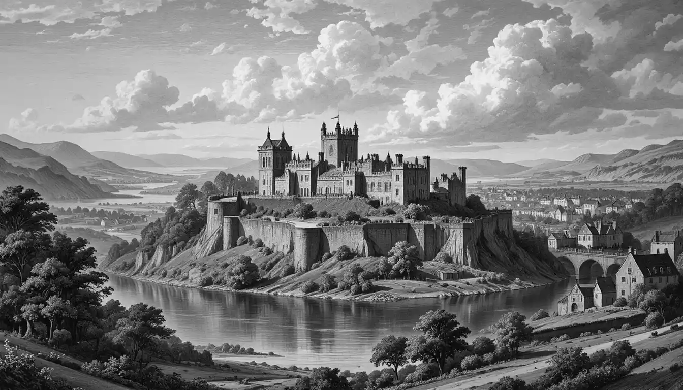 Histórico castillo escocés sobre río y pueblo en grabado