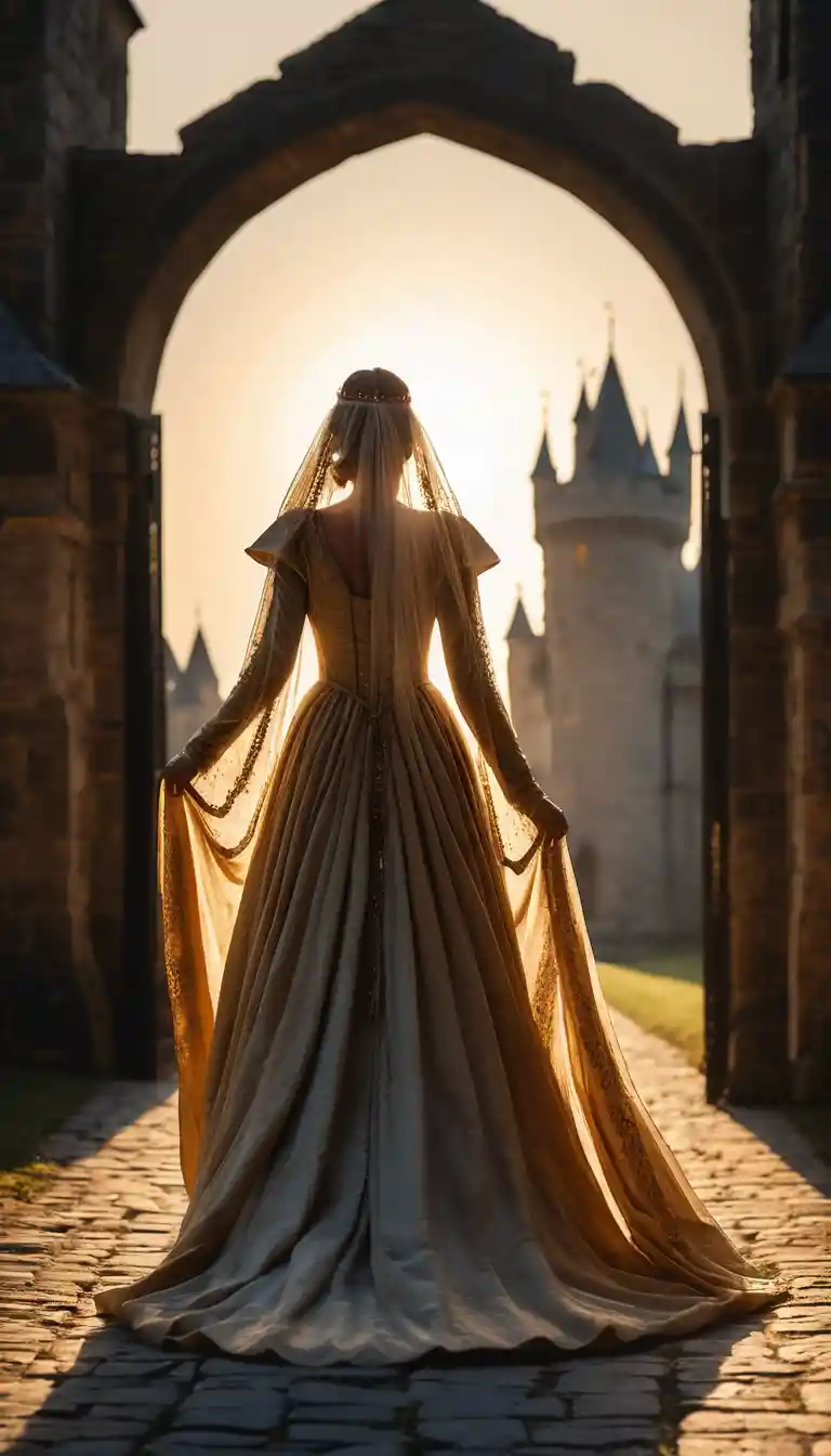 Medieval queen silhouette walking toward a glowing castle sunset