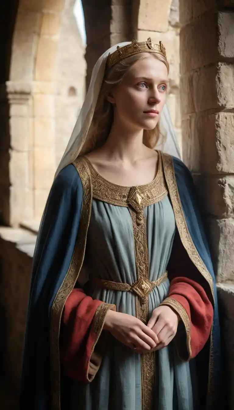 Medieval queen standing by a sunlit stone castle window