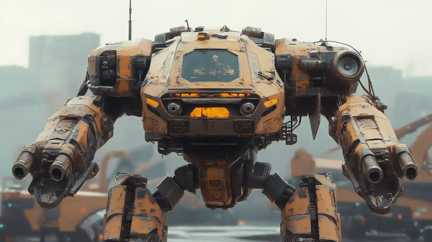 Heavily armored brown mech with cannons and cockpit window