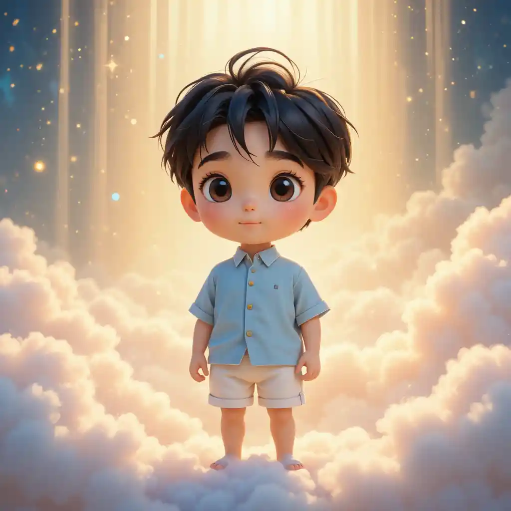 Dolce ragazzo 3D cartoon in piedi su una nuvola luminosa