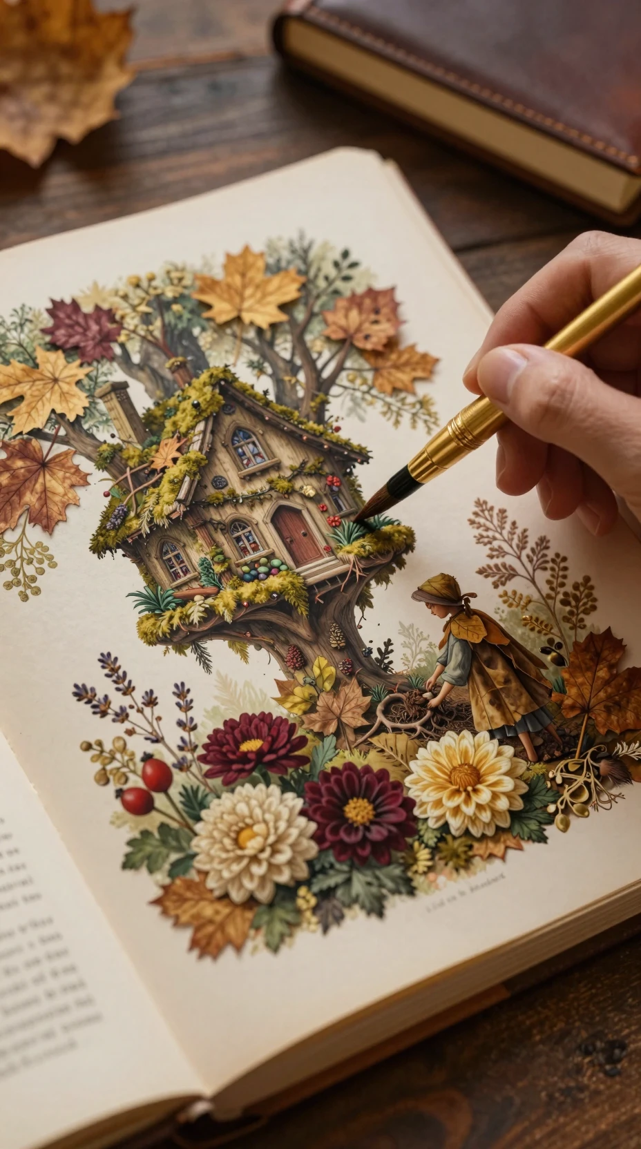 Close up still life of hand painting over botanical book
