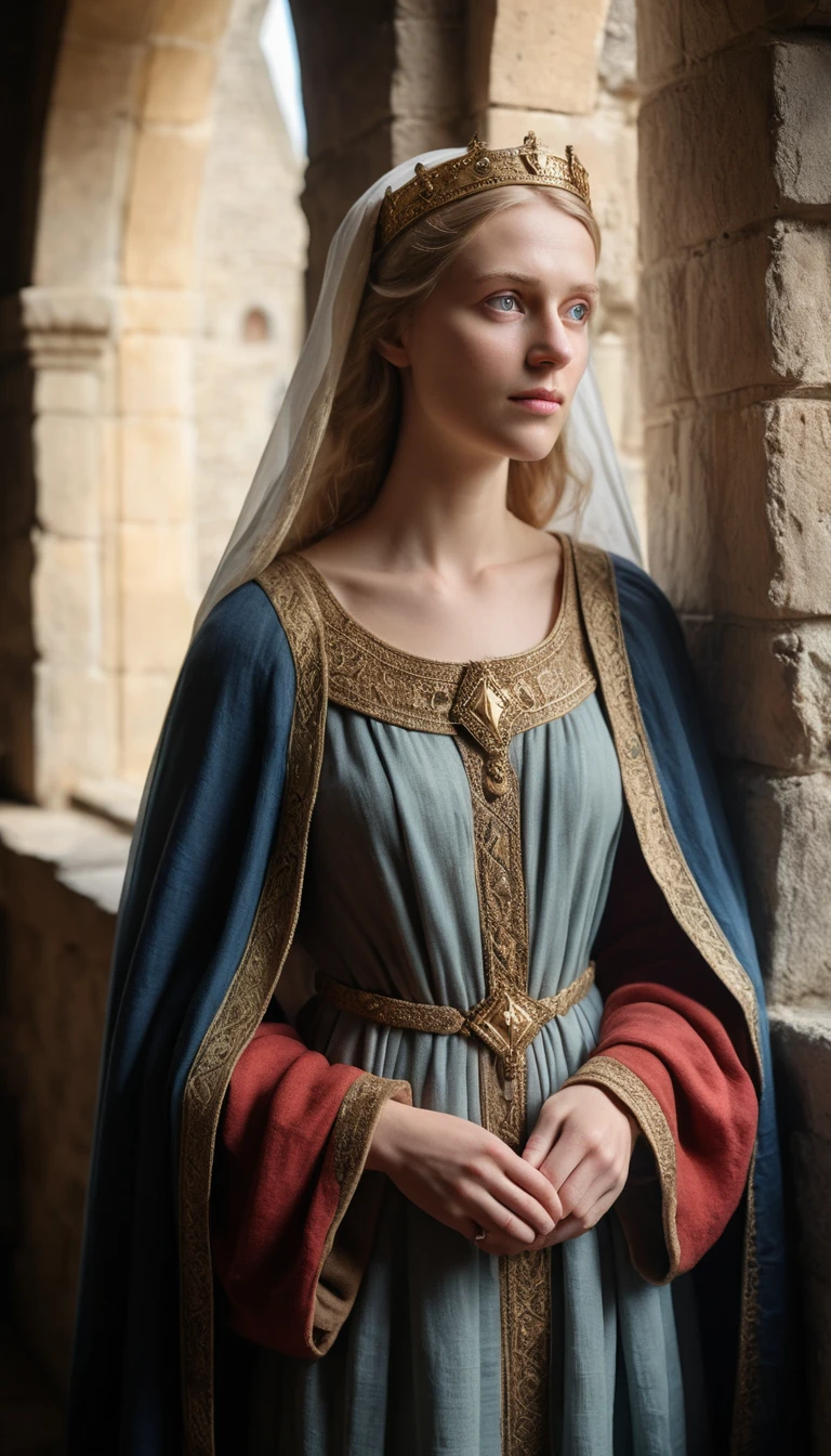 Medieval queen standing by a sunlit stone castle window