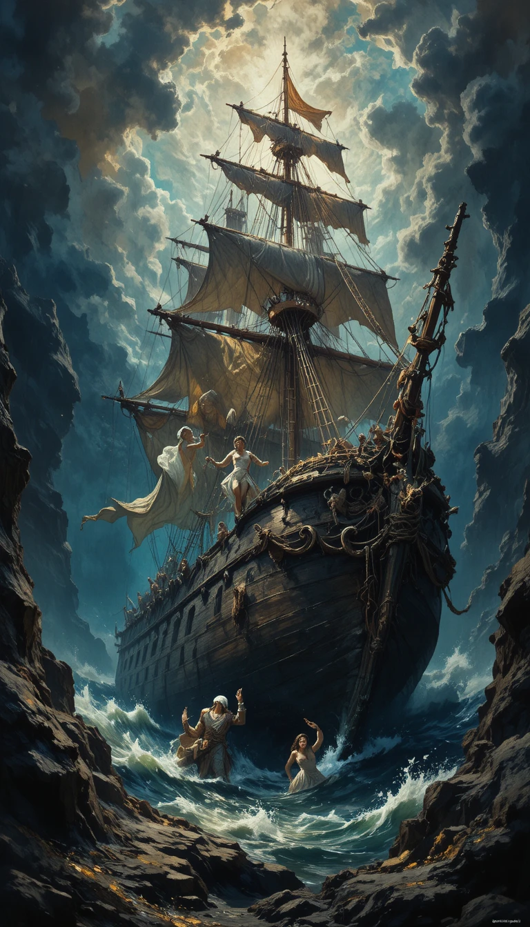 Nave pirata affondata adagiata sul fondo oscuro dell’oceano