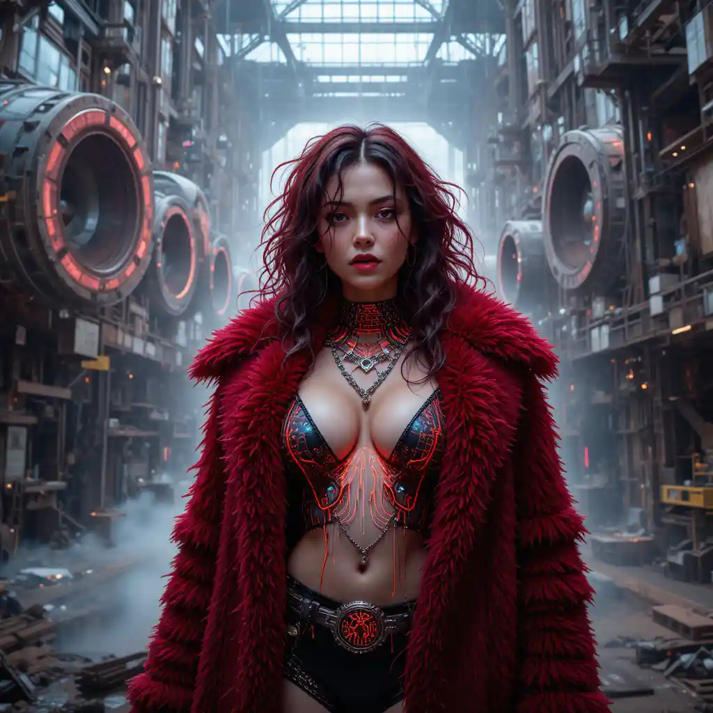 Heroína cyberpunk em pele carmesim entre ruínas de motor orbital
