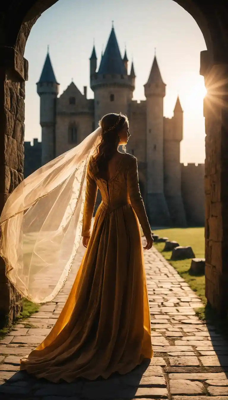 Silhouette d’une reine médiévale marchant vers le coucher du soleil