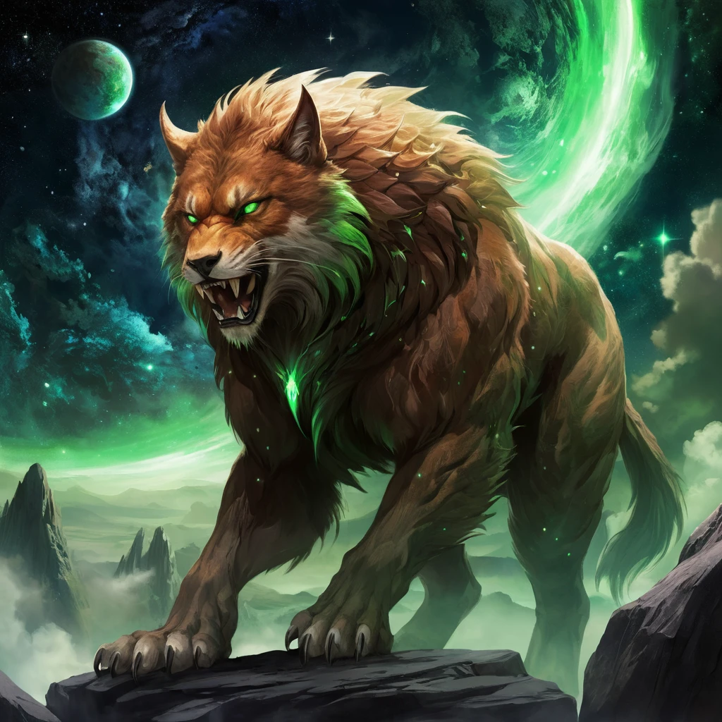 Ferocious fantasy beast leaping through glowing cosmic void
