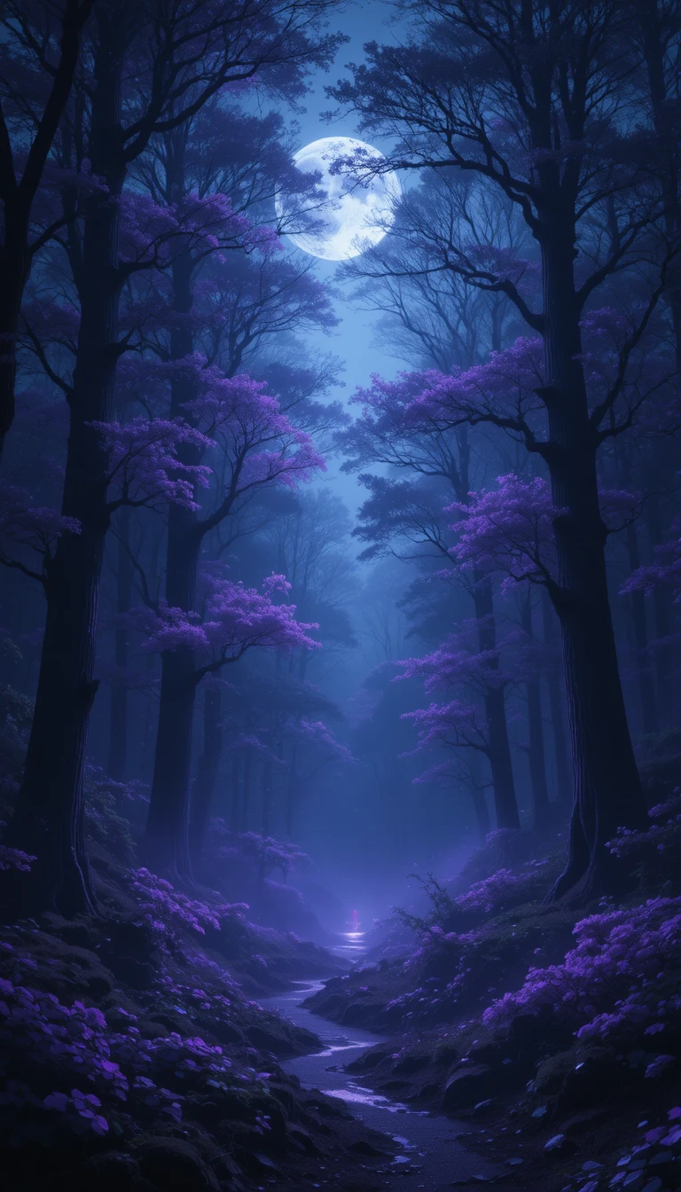 Mystical Violet Forest With Glowing Trees And Moonlit Fog