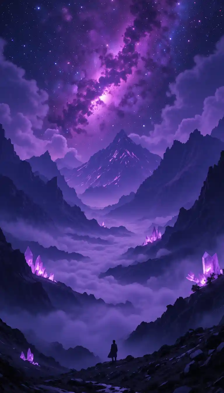 Dunkellila Fantasieberge unter einem leuchtenden kosmischen Himmel