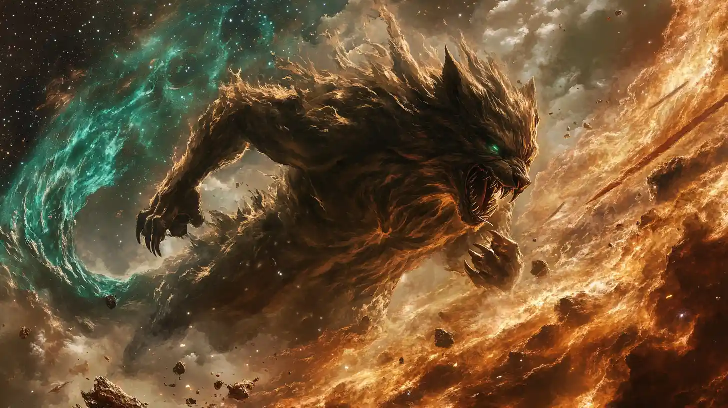 Feral fantasy beast leaping through glowing cosmic space