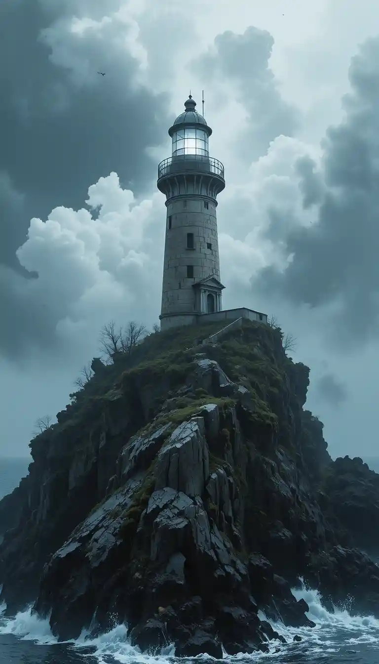 Faro su costa rocciosa in tempesta che fende la fitta nebbia
