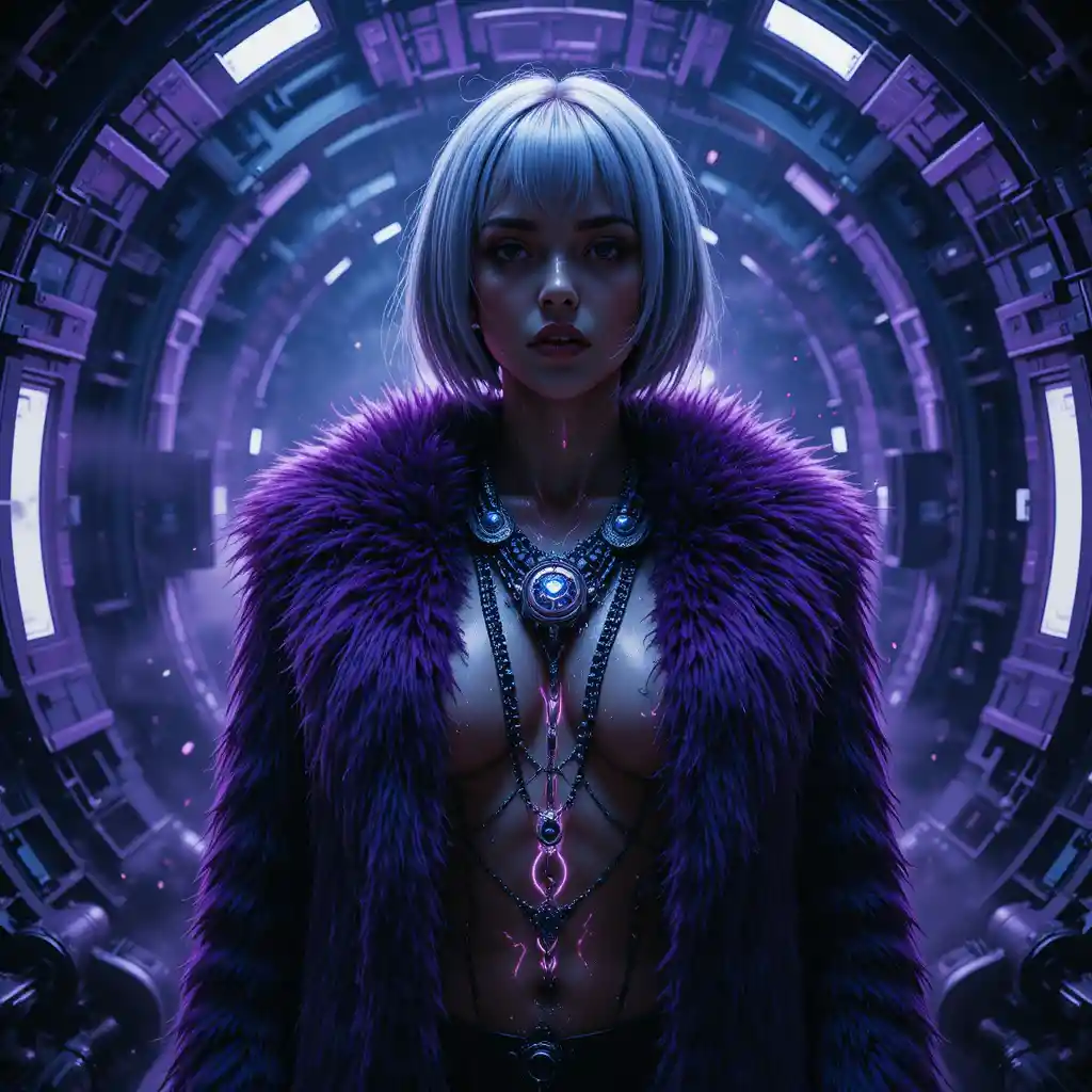 Cybernetic woman in alien engine chamber portrait
