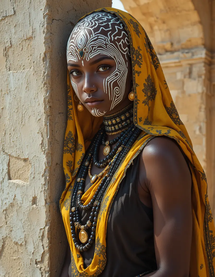 Bald woman with gold eyes in yellow drapery portrait